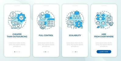 Outstaffing benefits blue onboarding mobile app screen. Scalability walkthrough 4 steps editable graphic instructions with linear concepts. UI, UX, GUI template vector