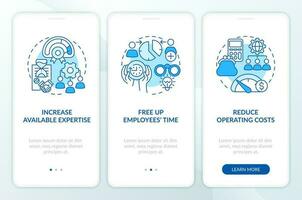 Outsourcing services advantages blue onboarding mobile app screen. Walkthrough 3 steps editable graphic instructions with linear concepts. UI, UX, GUI template vector