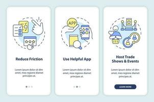 Methods to get customer reviews onboarding mobile app screen. Walkthrough 3 steps editable graphic instructions with linear concepts. UI, UX, GUI template vector