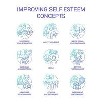 Improving self esteem blue gradient concept icons set. Psychological support. Mental health idea thin line color illustrations. Isolated symbols vector