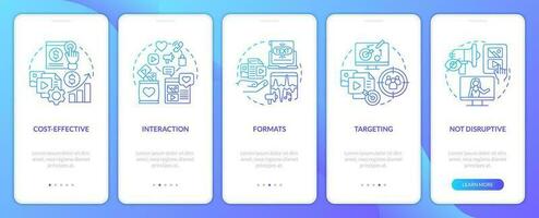 social medios de comunicación publicidad beneficios azul degradado inducción móvil aplicación pantalla. recorrido 5 5 pasos gráfico instrucciones con lineal conceptos. ui, ux, gui modelo vector