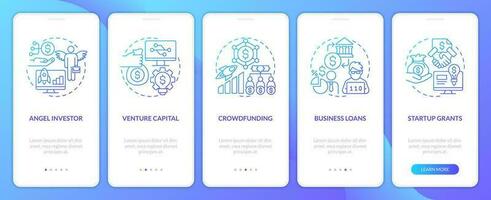 Tech startup financing options blue gradient onboarding mobile app screen. IT walkthrough 5 steps graphic instructions with linear concepts. UI, UX, GUI template vector