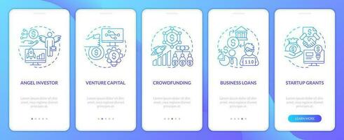 Tech startup financing options blue gradient onboarding mobile app screen. IT walkthrough 5 steps graphic instructions with linear concepts. UI, UX, GUI template vector
