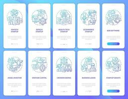 IT startup industries funding blue gradient onboarding mobile app screens set. Walkthrough 5 steps graphic instructions with linear concepts. UI, UX, GUI template vector