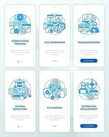 Sources control benefits blue onboarding mobile app screens set. Walkthrough 3 steps editable graphic instructions with linear concepts. UI, UX, GUI template vector