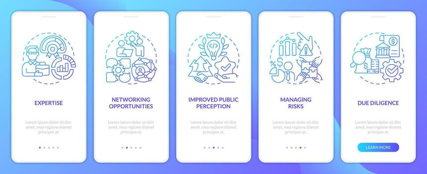 aventurarse capital financiación beneficios azul degradado inducción móvil aplicación pantalla. recorrido 5 5 pasos gráfico instrucciones con lineal conceptos. ui, ux, gui modelo vector