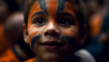 sonriente niños jugando con cara pintar al aire libre generado por ai foto