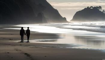 Two silhouettes in love walking at sunset generated by AI photo