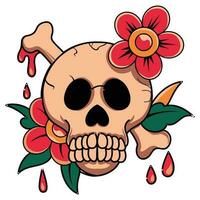 Illustration of a human skull with pink flowers vector