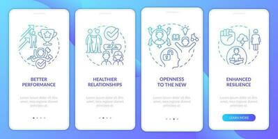 Benefits of confidence blue gradient onboarding mobile app screen. Positivity walkthrough 4 steps graphic instructions with linear concepts. UI, UX, GUI template vector