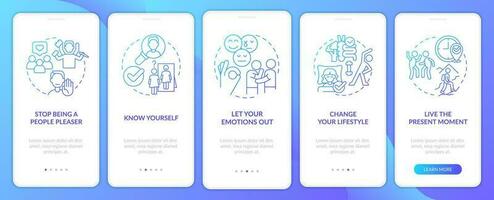 Boost self esteem blue gradient onboarding mobile app screen. Confidence walkthrough 5 steps graphic instructions with linear concepts. UI, UX, GUI template vector