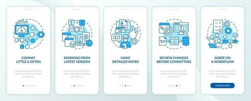 Source code management practices blue onboarding mobile app screen. Walkthrough 5 steps editable graphic instructions with linear concepts. UI, UX, GUI template vector