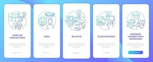 Boost self confidence at work blue gradient onboarding mobile app screen. Walkthrough 5 steps graphic instructions with linear concepts. UI, UX, GUI template vector