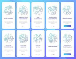 Overcoming lack of confidence blue gradient onboarding mobile app screen set. Walkthrough 5 steps graphic instructions with linear concepts. UI, UX, GUI template vector