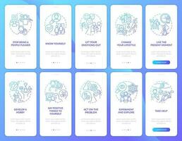 Improving self esteem blue gradient onboarding mobile app screen set. Therapy walkthrough 5 steps graphic instructions with linear concepts. UI, UX, GUI template vector