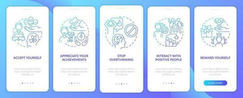 Dealing with confidence lack blue gradient onboarding mobile app screen. Walkthrough 5 steps graphic instructions with linear concepts. UI, UX, GUI template vector