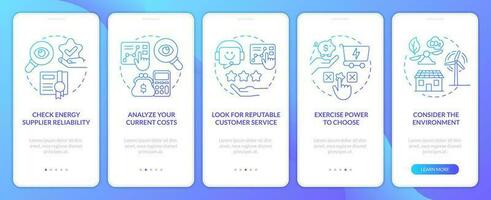 Picking energy provider factors blue gradient onboarding mobile app screen. Walkthrough 5 steps graphic instructions with linear concepts. UI, UX, GUI template vector