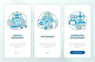 Version control advantages blue onboarding mobile app screen. Walkthrough 3 steps editable graphic instructions with linear concepts. UI, UX, GUI template vector