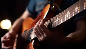 guitarrista dedos punteo instrumentos de cuerda, creando hermosa música generado por ai foto