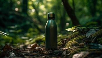 Refreshing drink in green bottle on forest path generated by AI photo