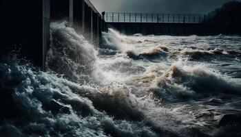 Rapid waves breaking, generating hydroelectric power generated by AI photo