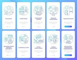 Provide alternative power blue gradient onboarding mobile app screen set. Walkthrough 5 steps graphic instructions with linear concepts. UI, UX, GUI template vector