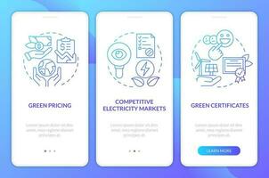 Buying green power blue gradient onboarding mobile app screen. Green power walkthrough 3 steps graphic instructions with linear concepts. UI, UX, GUI template vector