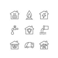 Infrastructures pixel perfect linear icons set. Water, gas and electricity supply. Waste collection service. Customizable thin line symbols. Isolated vector outline illustrations. Editable stroke