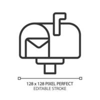 Postal service pixel perfect linear icon. Delivering letters, postcards. Postbox. Written communication. Correspondence. Thin line illustration. Contour symbol. Vector outline drawing. Editable stroke