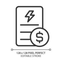 Electricity bill pixel perfect linear icon. Public utility service payment. Debt for utilities usage. Invoice. Thin line illustration. Contour symbol. Vector outline drawing. Editable stroke