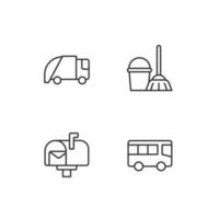 Public services pixel perfect linear icons set. Waste collection and disposal. Home cleaning. Transportation. Customizable thin line symbols. Isolated vector outline illustrations. Editable stroke