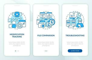 Version control benefits blue onboarding mobile app screen. Coding walkthrough 3 steps editable graphic instructions with linear concepts. UI, UX, GUI template vector