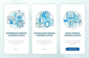 Version control systems types blue onboarding mobile app screen. Walkthrough 3 steps editable graphic instructions with linear concepts. UI, UX, GUI template vector