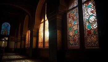 Multi colored stained glass windows illuminate ancient chapel generated by AI photo