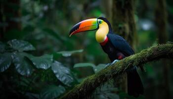 Colorful toucan perching on leaf in rainforest generated by AI photo