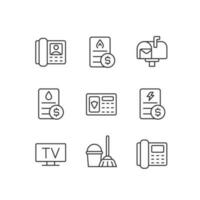 Services and bills pixel perfect linear icons set. Water, gas and electricity payment. Telecommunication. Customizable thin line symbols. Isolated vector outline illustrations. Editable stroke