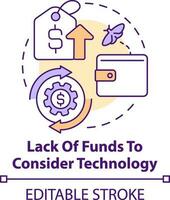 Lack of funds to consider technology concept icon. Corporate treasurers challenge abstract idea thin line illustration. Isolated outline drawing. Editable stroke vector