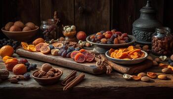 Rustic wooden table topped with healthy gourmet fruit generated by AI photo