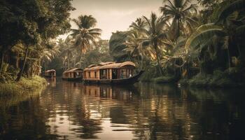 Reflection on tranquil scene, nautical vessel sailing generated by AI photo