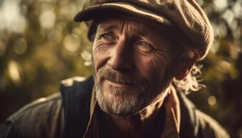 sonriente mayor hombre con gris barba al aire libre generado por ai foto