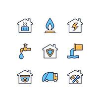 Infrastructures pixel perfect RGB color icons set. Water, gas and electricity supply. Waste collection service. Isolated vector illustrations. Simple filled line drawings collection. Editable stroke