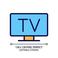 Television pixel perfect RGB color icon. TV broadcasting service. Analog and digital technology. Public utility. Isolated vector illustration. Simple filled line drawing. Editable stroke