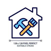 Overhaul pixel perfect RGB color icon. Building revision and restoration. Renovation service. Hammer and paintbrush. Isolated vector illustration. Simple filled line drawing. Editable stroke