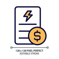 Electricity bill pixel perfect RGB color icon. Public utility service payment. Debt for utilities usage. Invoice information. Isolated vector illustration. Simple filled line drawing. Editable stroke