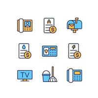 Services and bills pixel perfect RGB color icons set. Water, gas and electricity payment. Telecommunication. Isolated vector illustrations. Simple filled line drawings collection. Editable stroke