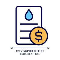 Water bill pixel perfect RGB color icon. Public utility service payment. Debt for utilities usage. Invoice information. Isolated vector illustration. Simple filled line drawing. Editable stroke