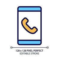 Mobile phone pixel perfect RGB color icon. Telecommunication service. Mobile calling provider. Smartphone dialing. Isolated vector illustration. Simple filled line drawing. Editable stroke