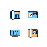 Home appliances pixel perfect RGB color icons set. Security system. TV broadcasting. Telephony. Door phone. Isolated vector illustrations. Simple filled line drawings collection. Editable stroke