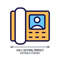 Door phone pixel perfect RGB color icon. Guest and resident communication. Intercom appliance. Video device. Utility service. Isolated vector illustration. Simple filled line drawing. Editable stroke