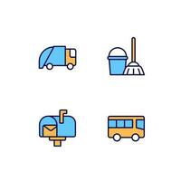 Public services pixel perfect RGB color icons set. Waste collection and disposal. Home cleaning. Transportation. Isolated vector illustrations. Simple filled line drawings collection. Editable stroke